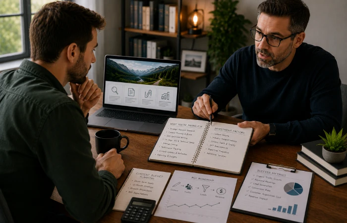 Business owner and SEO consultant discussing content strategy, performance goals, and growth planning