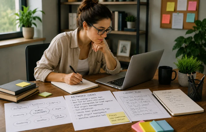 SEO content writer planning and researching article topics