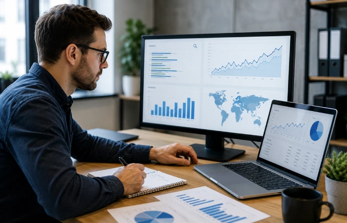SEO specialist analyzing keyword rankings, organic traffic trends, and search performance reports