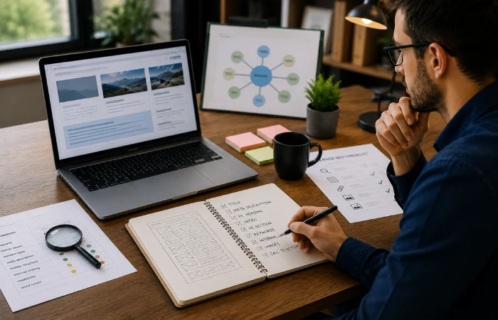 SEO specialist optimizing website content strategy using keyword research and page structure planning