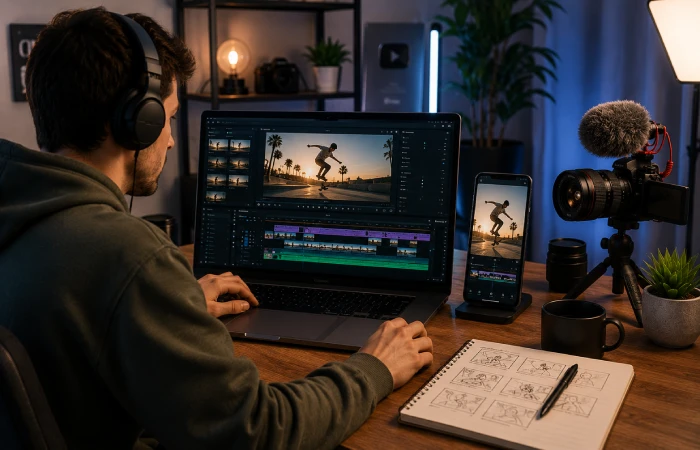 Creator editing short-form video content with professional production equipment and editing software