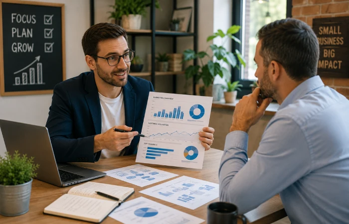 Marketing consultant helping small business owner improve marketing strategy and growth