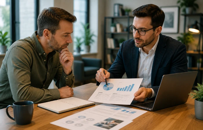 Small business owner meeting with a consultant to discuss marketing priorities and budget allocation