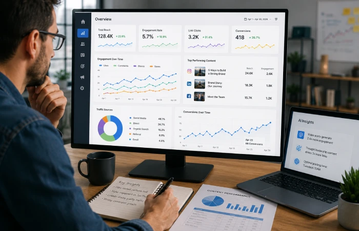 Marketing team analyzing performance data and audience engagement trends
