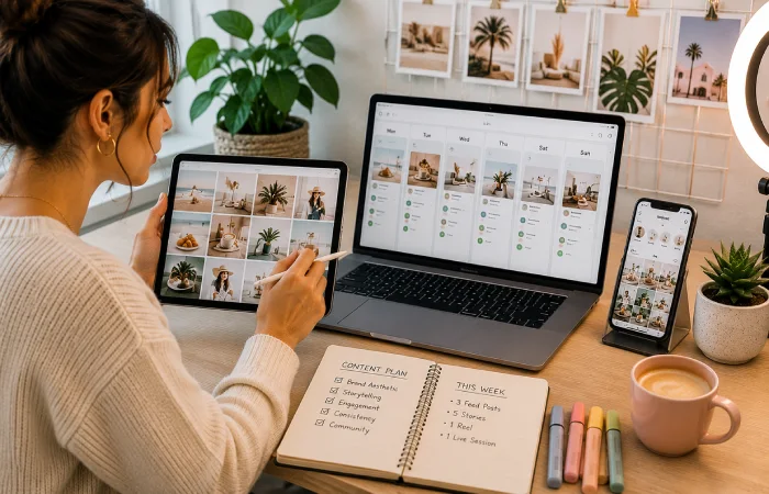 Marketing analyst reviewing engagement trends and campaign performance reports on a large monitor