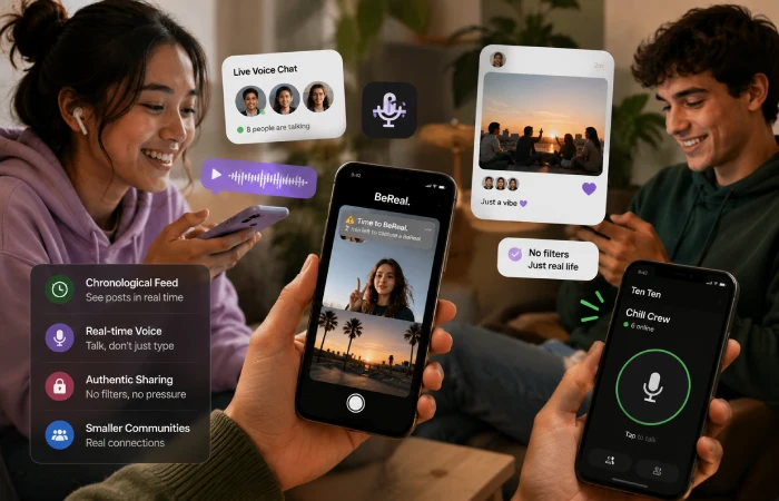 Young users interacting through voice messages and authentic social sharing on mobile devices
