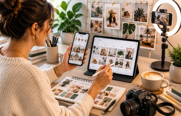Marketing specialist monitoring automated workflows and performance dashboards on multiple screens