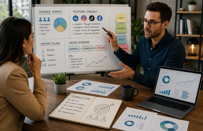 Consultant presenting audience insights and channel strategy during a business planning meeting