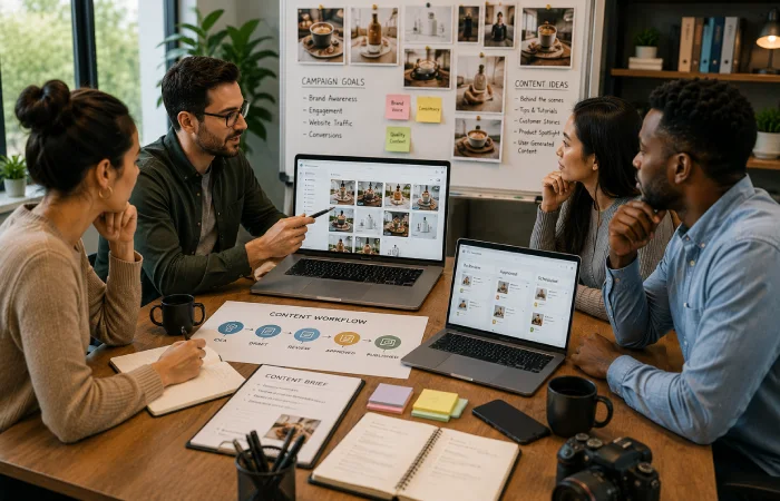 Content creator organizing a weekly social media calendar on a laptop in a bright office