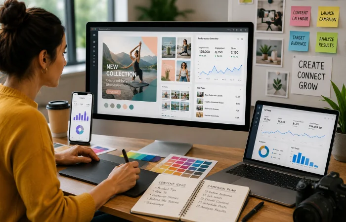 Content creator designing social media graphics and campaign assets at a workstation