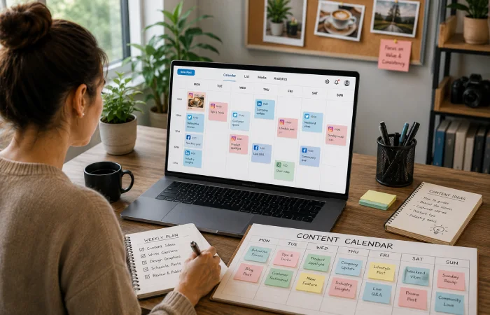 Content creator organizing a weekly social media calendar on a laptop in a bright office
