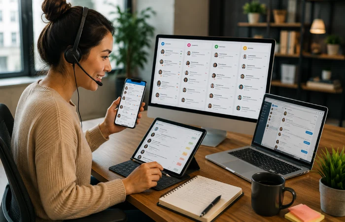 Professional responding to customer messages and social media interactions