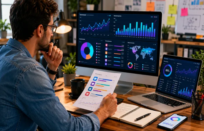 Digital marketer reviewing social platform growth charts and engagement analytics on multiple screens