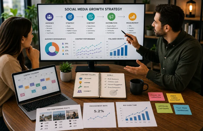 Team reviewing content pillars, engagement metrics, and long-term growth plans