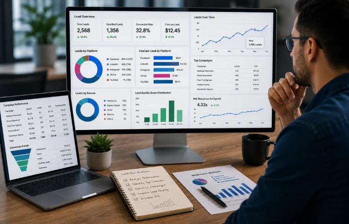 Marketing analyst evaluating campaign performance metrics and lead generation results on large display screens