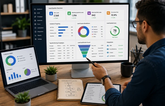 Marketing team reviewing qualified leads, audience targeting data and CRM integrations on a dashboard