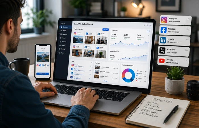 Unified social media management dashboard displayed on a laptop in a professional office