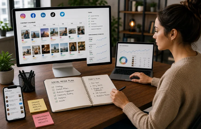 Social media manager coordinating content scheduling, community engagement, and reporting tasks