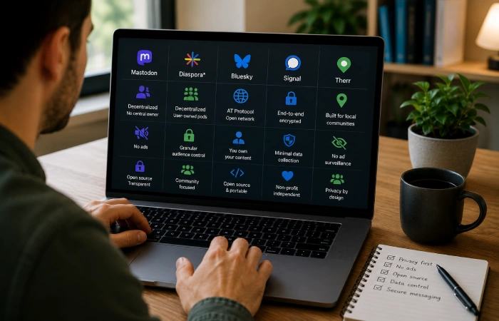 User reviewing privacy controls and account settings on a digital device in a bright workspace