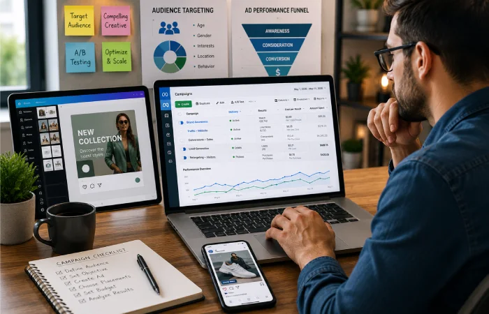Digital marketer reviewing paid promotion campaigns and audience targeting data