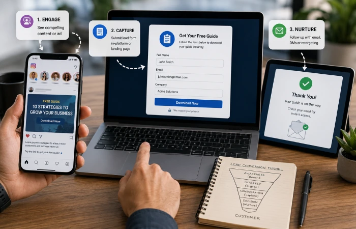 User moving from social media engagement to landing page and lead form submission on mobile device