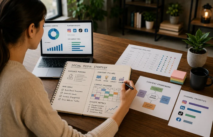 Digital strategist creating audience personas and content framework on a collaborative workspace