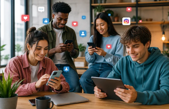 Diverse social media users engaging with mobile content in a casual everyday setting