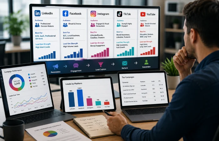 Business professional comparing LinkedIn, Facebook, Instagram, TikTok and YouTube marketing campaigns on multiple screens