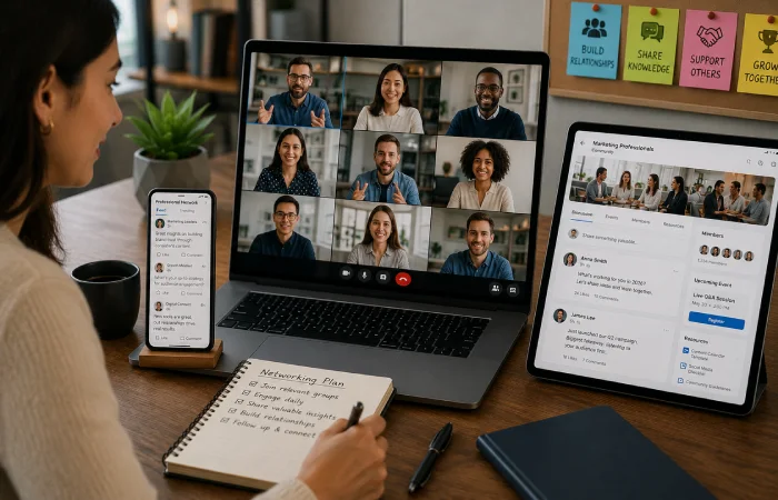 Small business team using a focused set of marketing and social media tools in a collaborative workspace