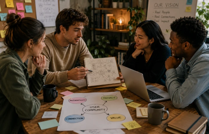 Product team discussing user experience and community engagement strategy in a collaborative workspace