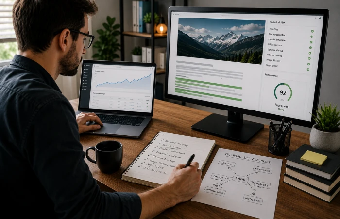 SEO specialist reviewing website content structure and optimization elements on multiple screens