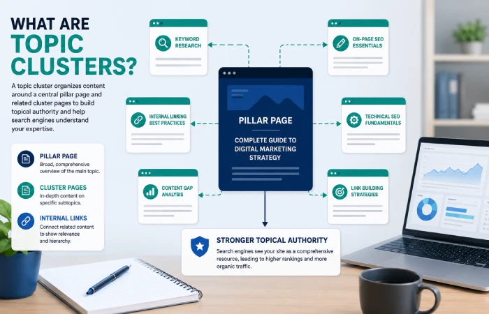 Content strategist organizing connected website pages and content relationships