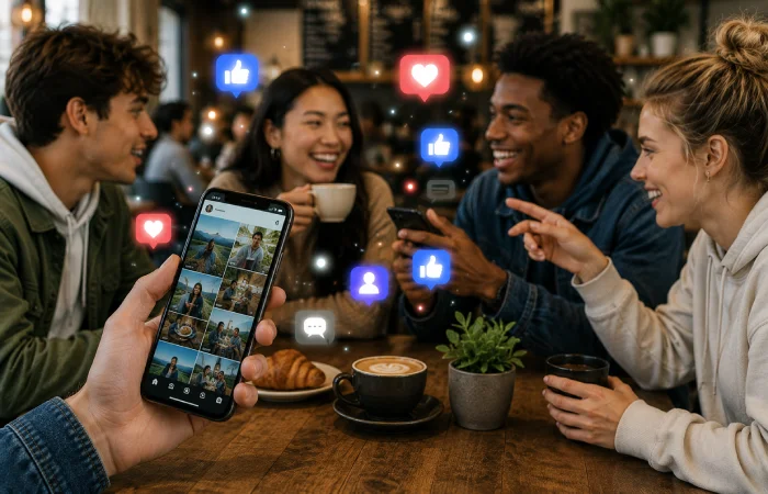 Smartphone displaying trending social content while users engage in conversations around a café table
