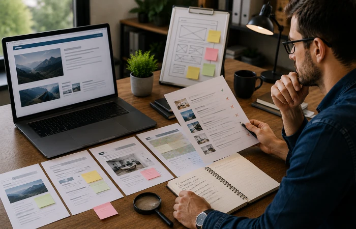 Content strategist auditing website pages and identifying improvement opportunities