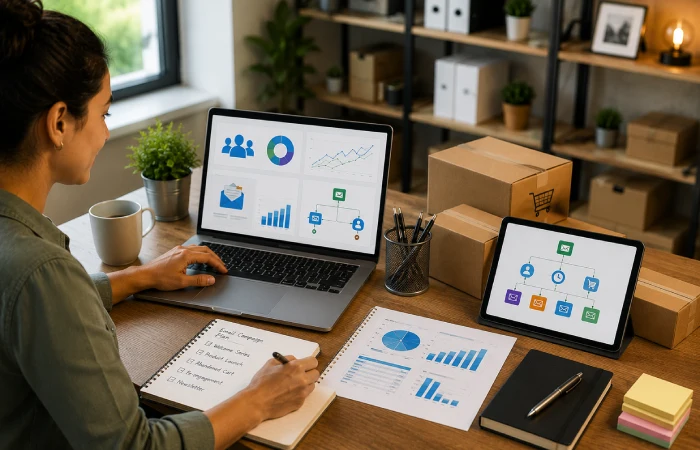Small business owner managing email marketing campaigns