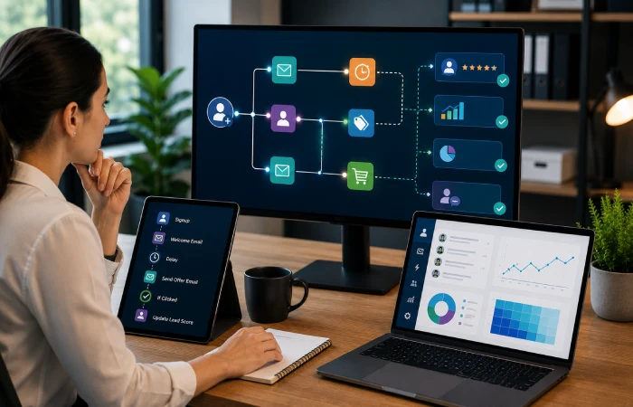 Marketing automation workflow connecting customer actions and automated responses