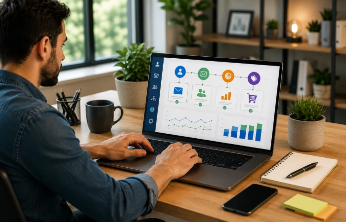 Small business owner using marketing automation software