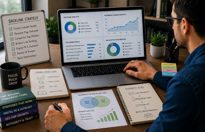 SEO specialist analyzing relevant websites and developing a high-quality backlink outreach strategy