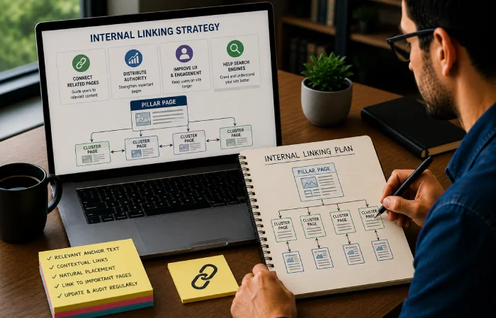 SEO strategist planning connections between related website pages using a structured content network
