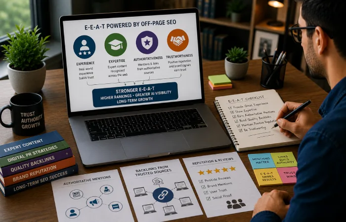 Digital marketing team establishing online credibility through expert content, trusted publications, and authoritative references