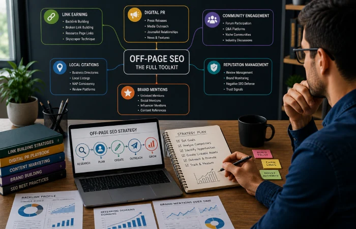 Marketing professional developing an off-page SEO strategy involving digital PR, backlinks, community engagement, and reputation management