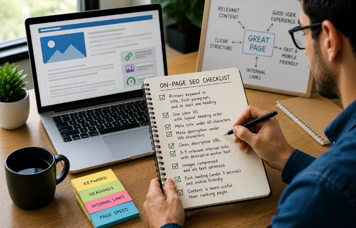 SEO specialist reviewing webpage optimization elements including headings, keywords, images, mobile performance, and internal links