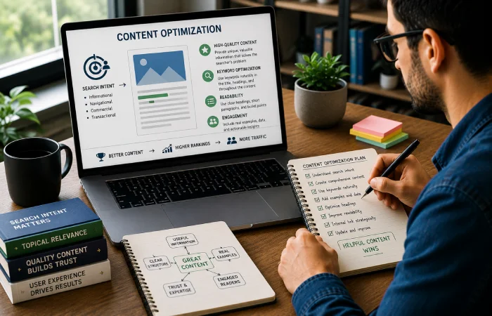 Content specialist optimizing a webpage for search intent, readability, topical relevance, and useful information