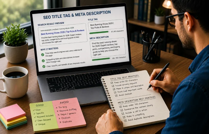 SEO professional refining search result title and description elements for a webpage
