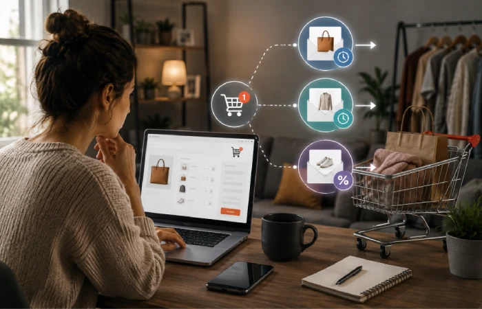 Ecommerce marketer monitoring an automated abandoned cart email sequence for an online shopper