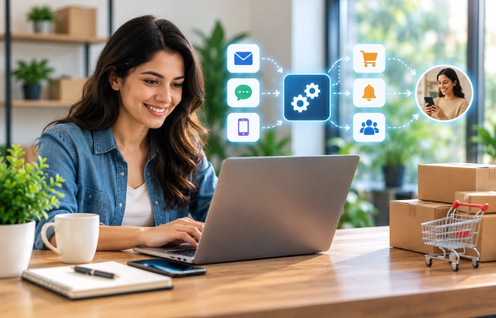 Small business owner using affordable marketing automation software