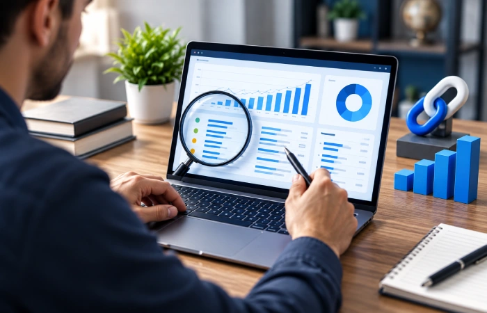 SEO professional analyzing keyword competition and backlink data