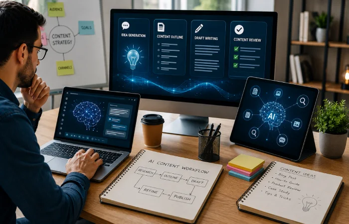 Content marketer using AI software for research, drafting, brainstorming, and content development