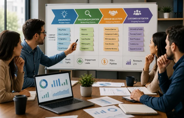 Marketing team mapping content formats across awareness, solution exploration, vendor selection, and customer retention stages