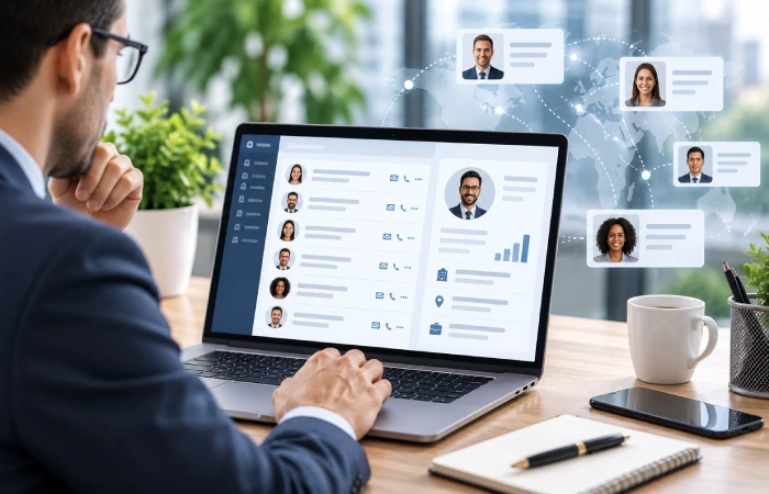Sales professional using software to research and identify B2B prospects